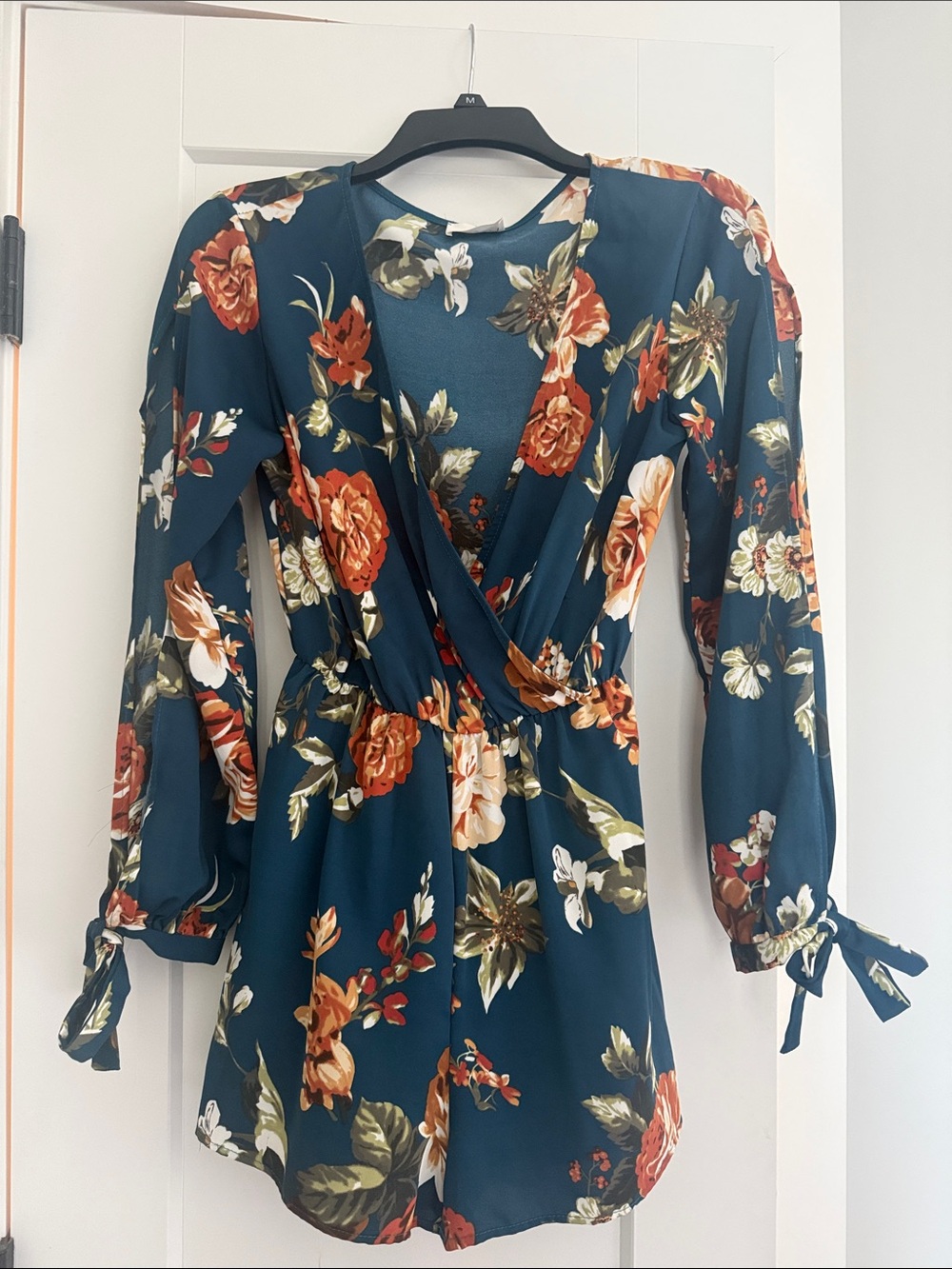 Everly Teal Floral Surplice Tie-Waist Romper